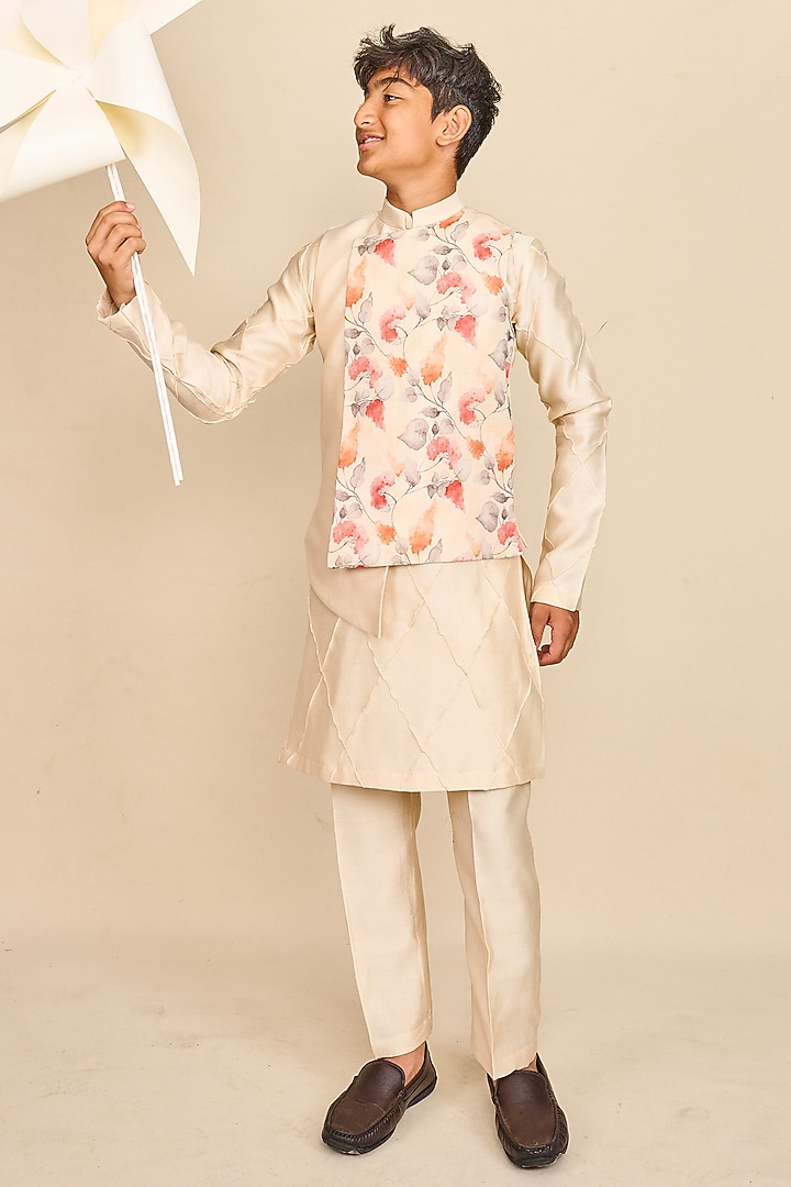Ivory Linen Floral Printed High-Low Jacket Set For Boys by All Boy Couture at Pernia's Pop Up Shop