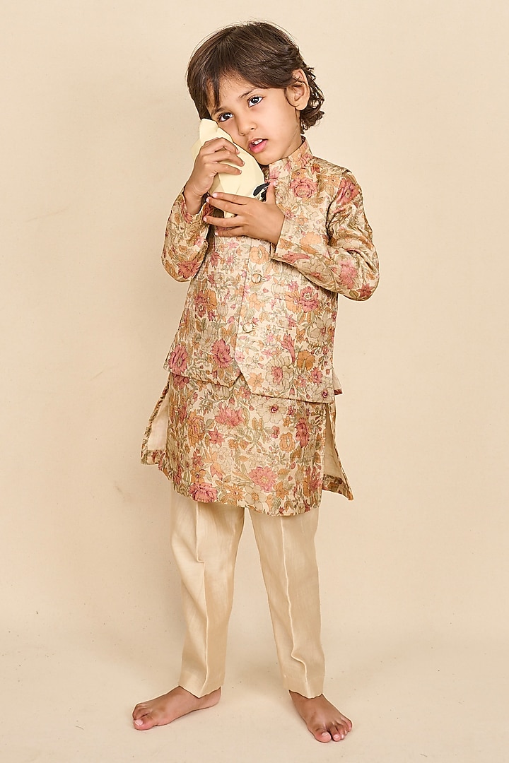 Beige Pure Tussar Floral Printed Jacket Set For Boys by All Boy Couture at Pernia's Pop Up Shop