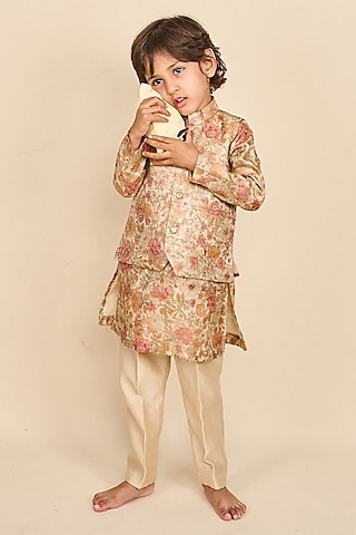 Beige Pure Tussar Floral Printed Jacket Set For Boys by All Boy Couture