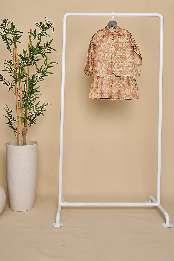 Beige Pure Tussar Floral Printed Jacket Set For Boys by All Boy Couture at Pernia's Pop Up Shop