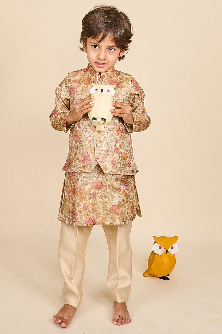 Beige Pure Tussar Floral Printed Jacket Set For Boys by All Boy Couture at Pernia's Pop Up Shop