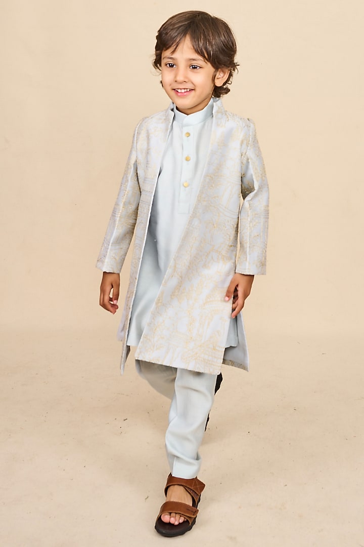 Baby Blue Chanderi Zari Embroidered Open Achkan Jacket Set For Boys by All Boy Couture