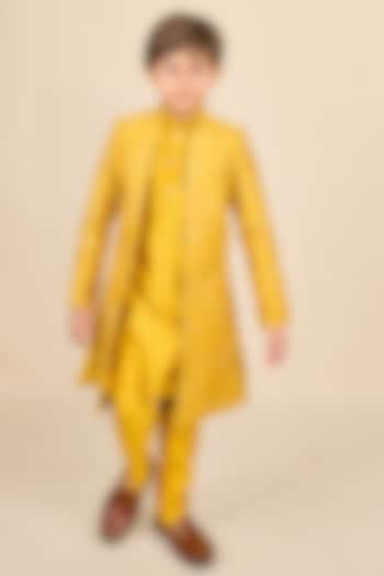 Dandelion Yellow Chanderi Zari Embroidered Open Achkan Jacket Set For Boys by All Boy Couture