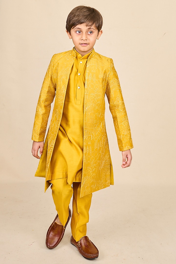 Dandelion Yellow Chanderi Zari Embroidered Open Achkan Jacket Set For Boys by All Boy Couture