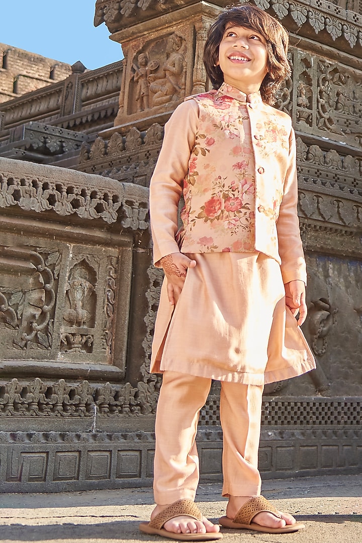 Onion Pink Organza Floral Printed Nehru Jacket Set For Boys by All Boy Couture at Pernia's Pop Up Shop