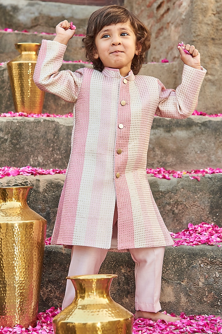 Multi-colored Slub Silk Thread Embroidered Achkan Jacket Set For Boys by All Boy Couture