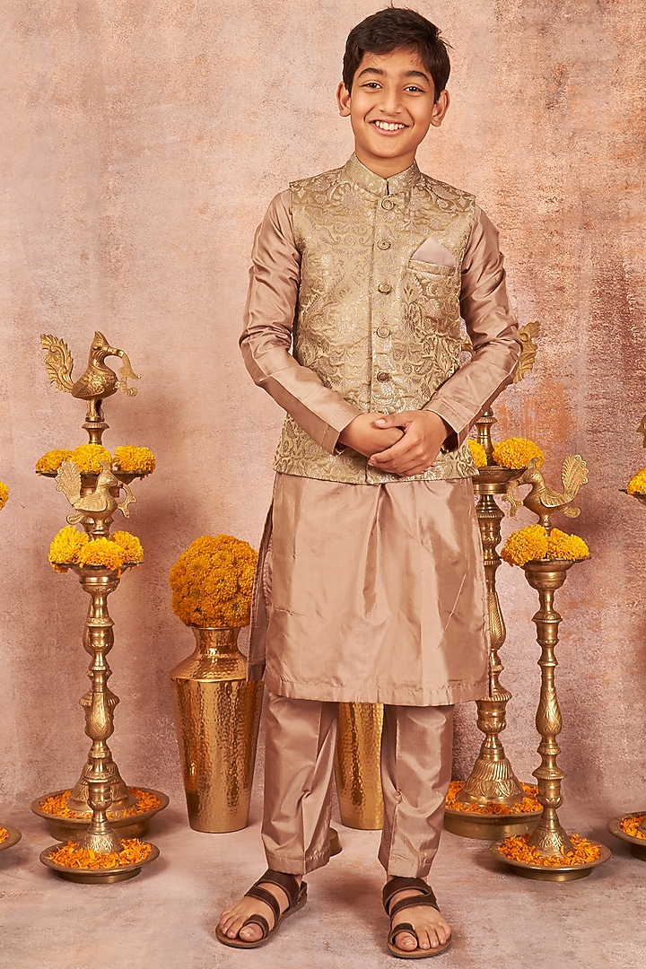 Dull Green Pure Banarasi Silk Zari Embroidered Nehru Jacket Set For Boys by All Boy Couture at Pernia's Pop Up Shop