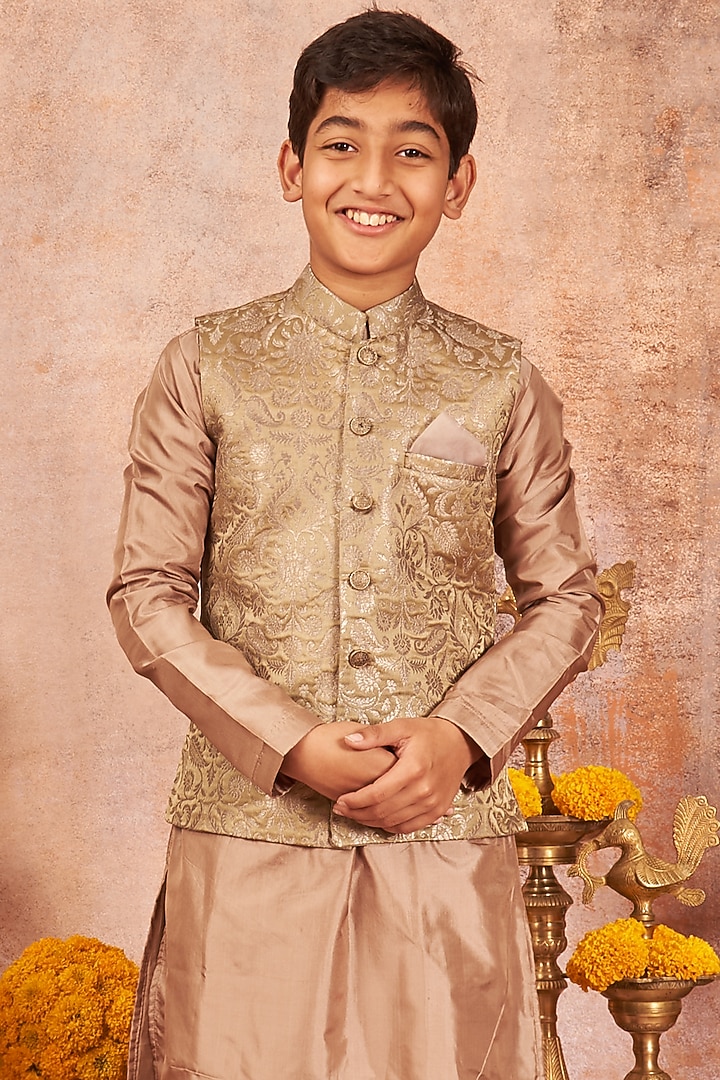 Dull Green Pure Banarasi Silk Zari Embroidered Nehru Jacket Set For Boys by All Boy Couture at Pernia's Pop Up Shop