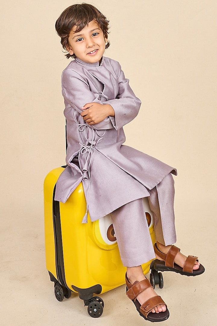 Lilac Handloom Chanderi Achkan Jacket Set For Boys by All Boy Couture at Pernia's Pop Up Shop