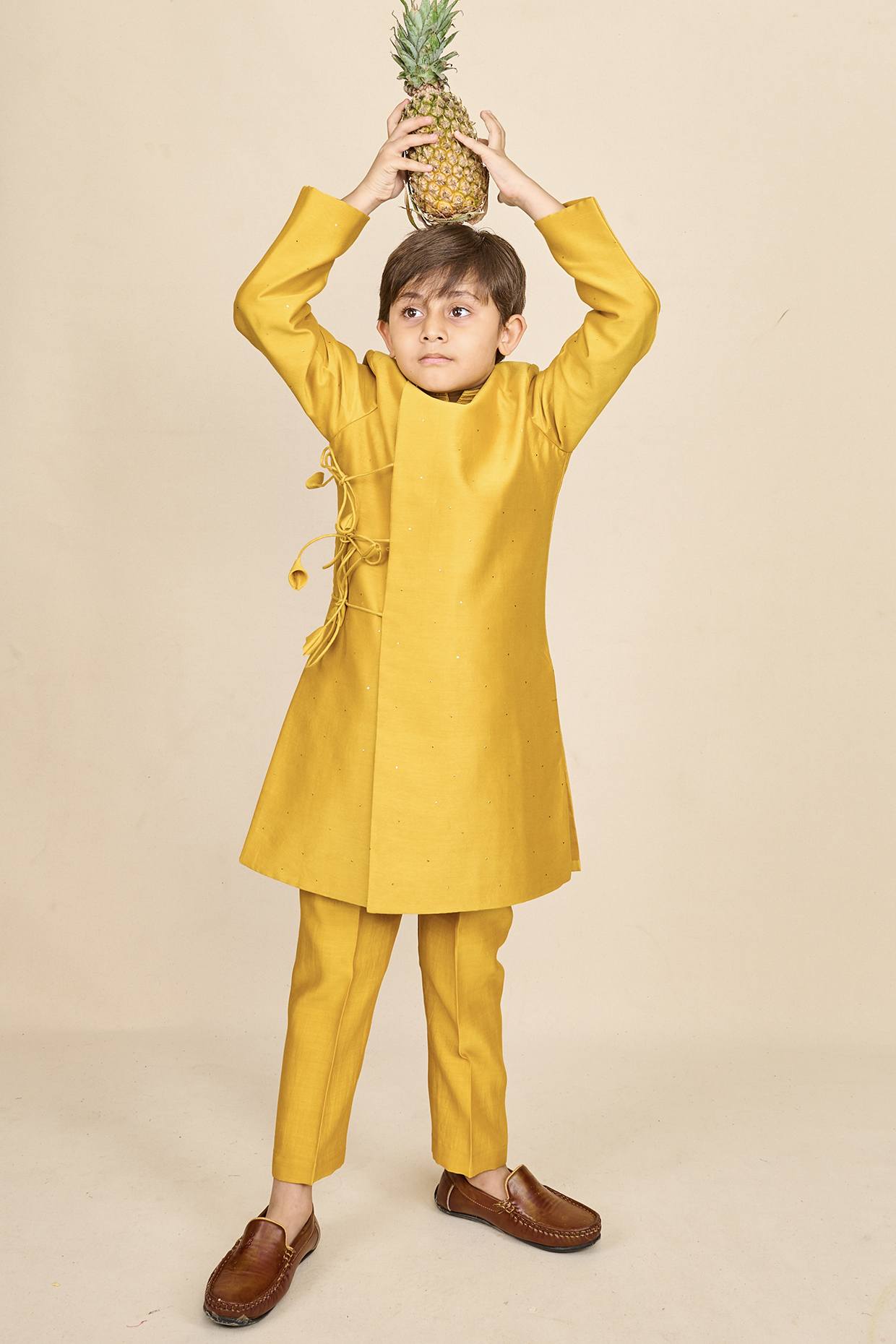 Canary Yellow Handloom Chanderi Achkan Jacket Set For Boys by All Boy Couture at Pernia's Pop Up Shop