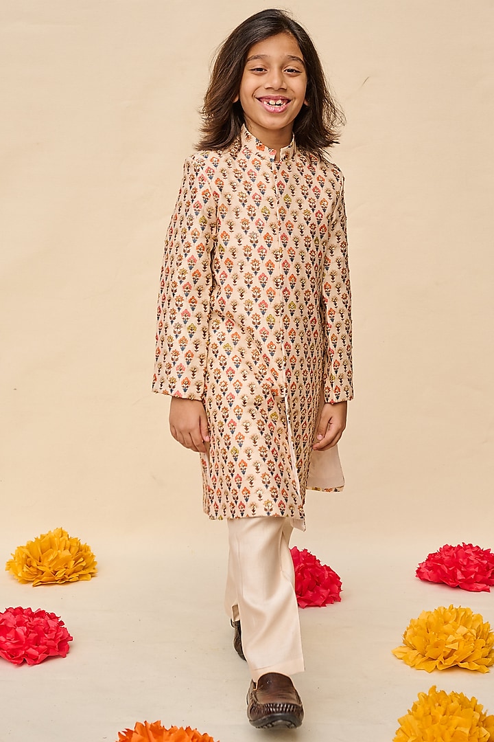 Ivory Handloom Chanderi Printed Achkan Jacket Set For Boys by All Boy Couture