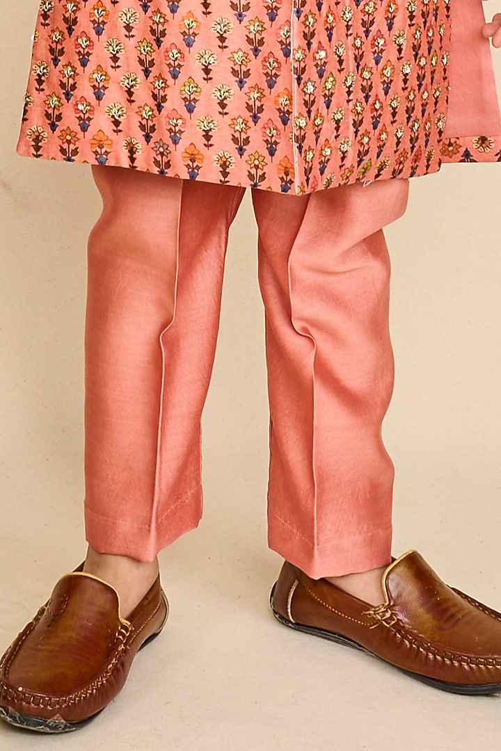 Peach Handloom Chanderi Printed Achkan Jacket Set For Boys by All Boy Couture at Pernia's Pop Up Shop
