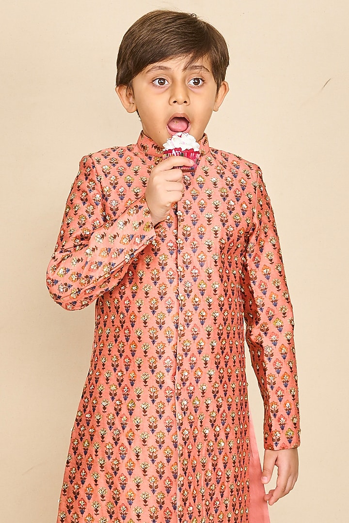 Peach Handloom Chanderi Printed Achkan Jacket Set For Boys by All Boy Couture at Pernia's Pop Up Shop