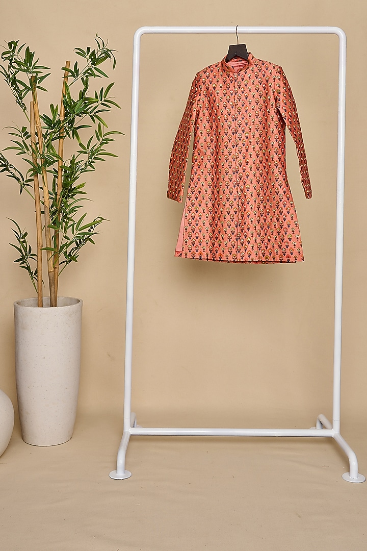 Peach Handloom Chanderi Printed Achkan Jacket Set For Boys by All Boy Couture at Pernia's Pop Up Shop