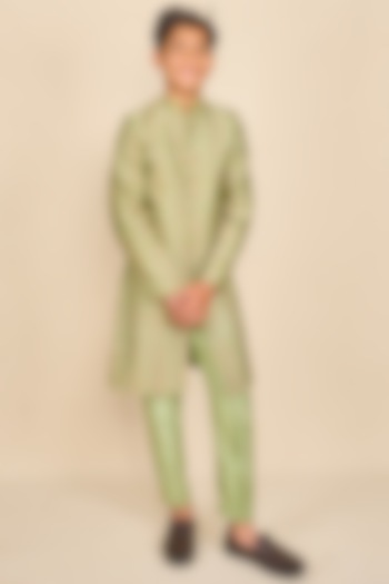 Apple Green Handloom Chanderi Printed Achkan Jacket Set For Boys by All Boy Couture at Pernia's Pop Up Shop