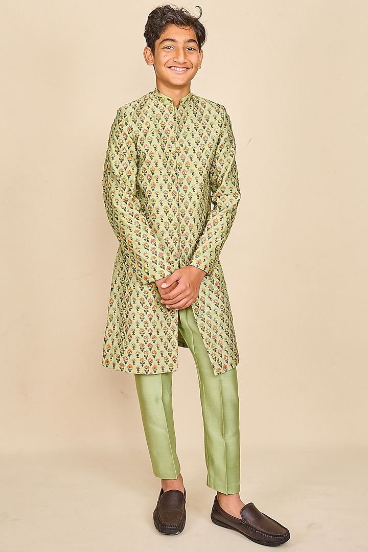 Apple Green Handloom Chanderi Printed Achkan Jacket Set For Boys by All Boy Couture at Pernia's Pop Up Shop