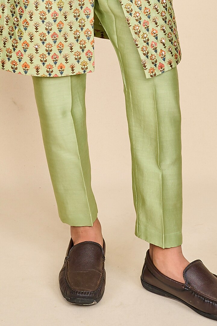 Apple Green Handloom Chanderi Printed Achkan Jacket Set For Boys by All Boy Couture at Pernia's Pop Up Shop
