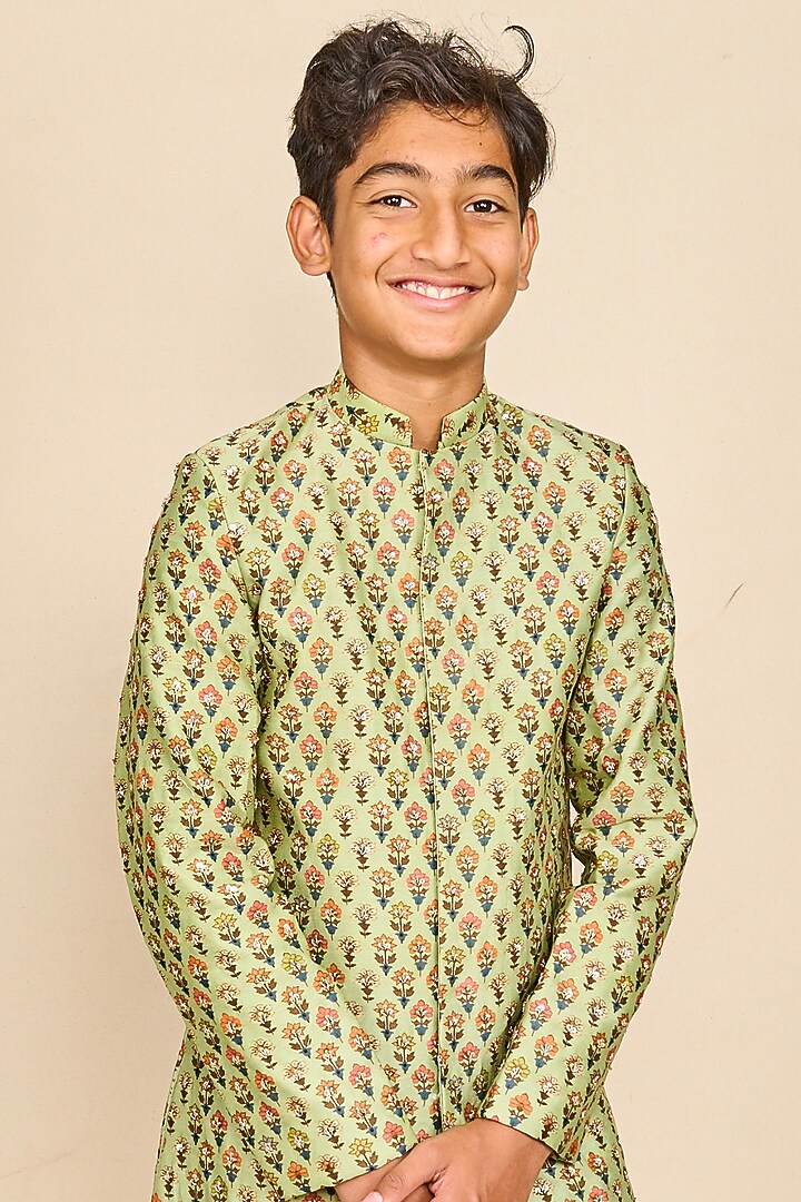 Apple Green Handloom Chanderi Printed Achkan Jacket Set For Boys by All Boy Couture at Pernia's Pop Up Shop