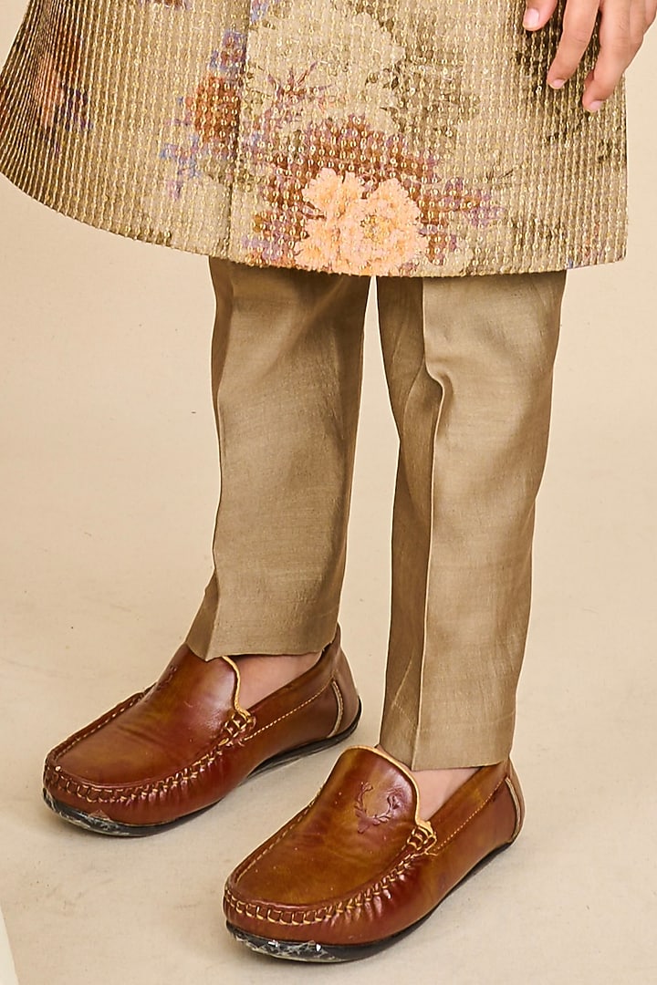 Olive Green Bangalore Silk Printed Achkan Jacket Set For Boys by All Boy Couture at Pernia's Pop Up Shop