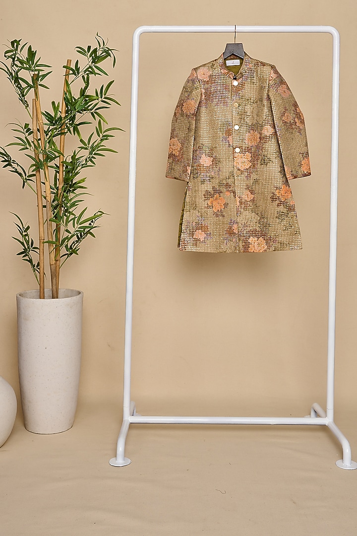 Olive Green Bangalore Silk Printed Achkan Jacket Set For Boys by All Boy Couture at Pernia's Pop Up Shop