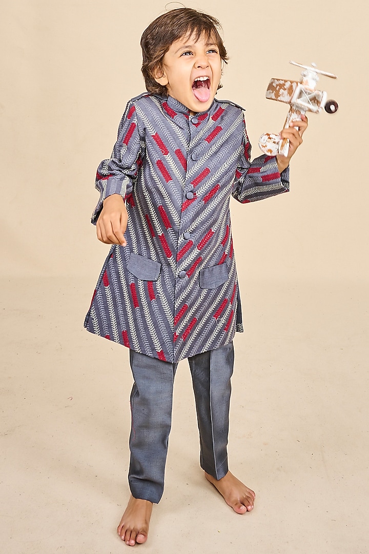 Navy Blue Banglore Silk Thraed Embroidered Achkan Jacket Set For Boys by All Boy Couture