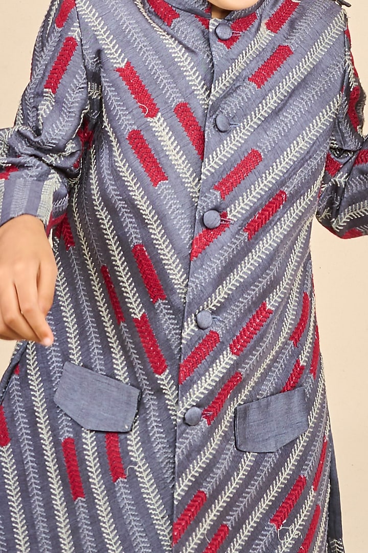 Navy Blue Banglore Silk Thraed Embroidered Achkan Jacket Set For Boys by All Boy Couture at Pernia's Pop Up Shop
