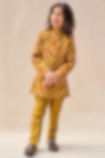 Mustard Bangalore Silk Thread Embroidered Achkan Jacket Set For Boys by All Boy Couture at Pernia's Pop Up Shop