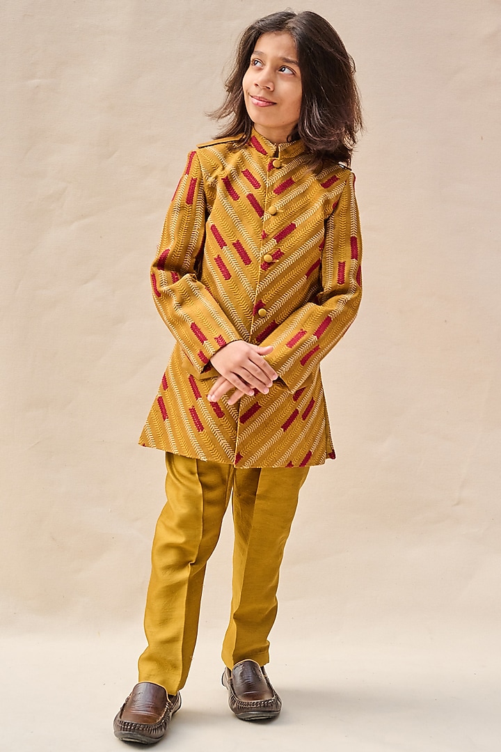 Mustard Bangalore Silk Thread Embroidered Achkan Jacket Set For Boys by All Boy Couture at Pernia's Pop Up Shop