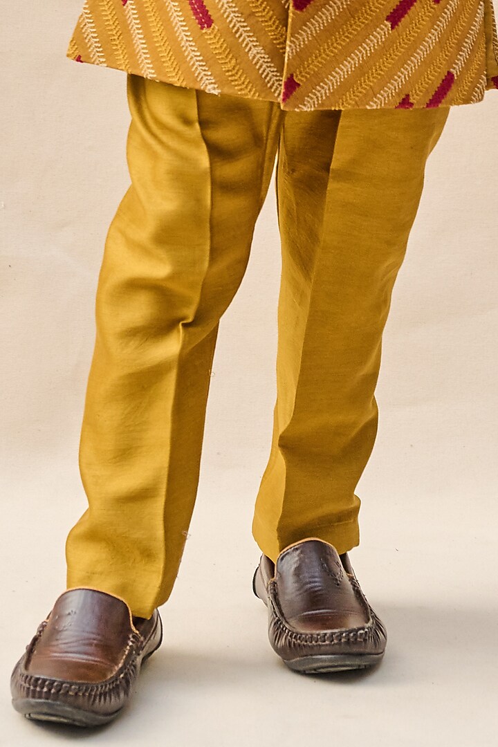 Mustard Bangalore Silk Thread Embroidered Achkan Jacket Set For Boys by All Boy Couture at Pernia's Pop Up Shop