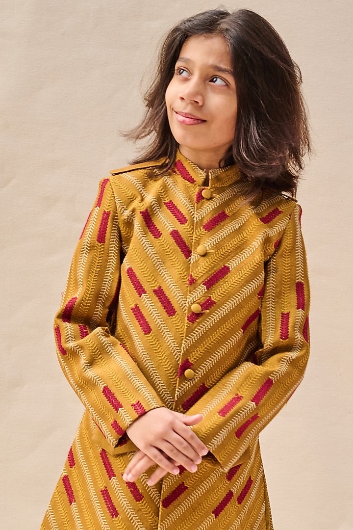Mustard Bangalore Silk Thread Embroidered Achkan Jacket Set For Boys by All Boy Couture at Pernia's Pop Up Shop