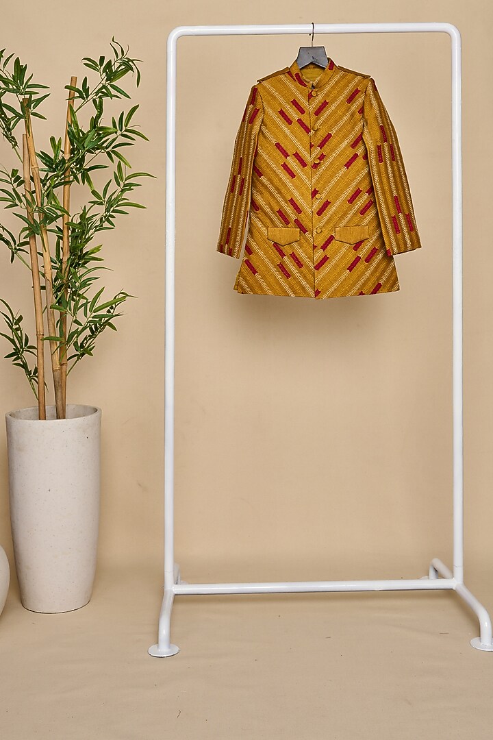 Mustard Bangalore Silk Thread Embroidered Achkan Jacket Set For Boys by All Boy Couture at Pernia's Pop Up Shop