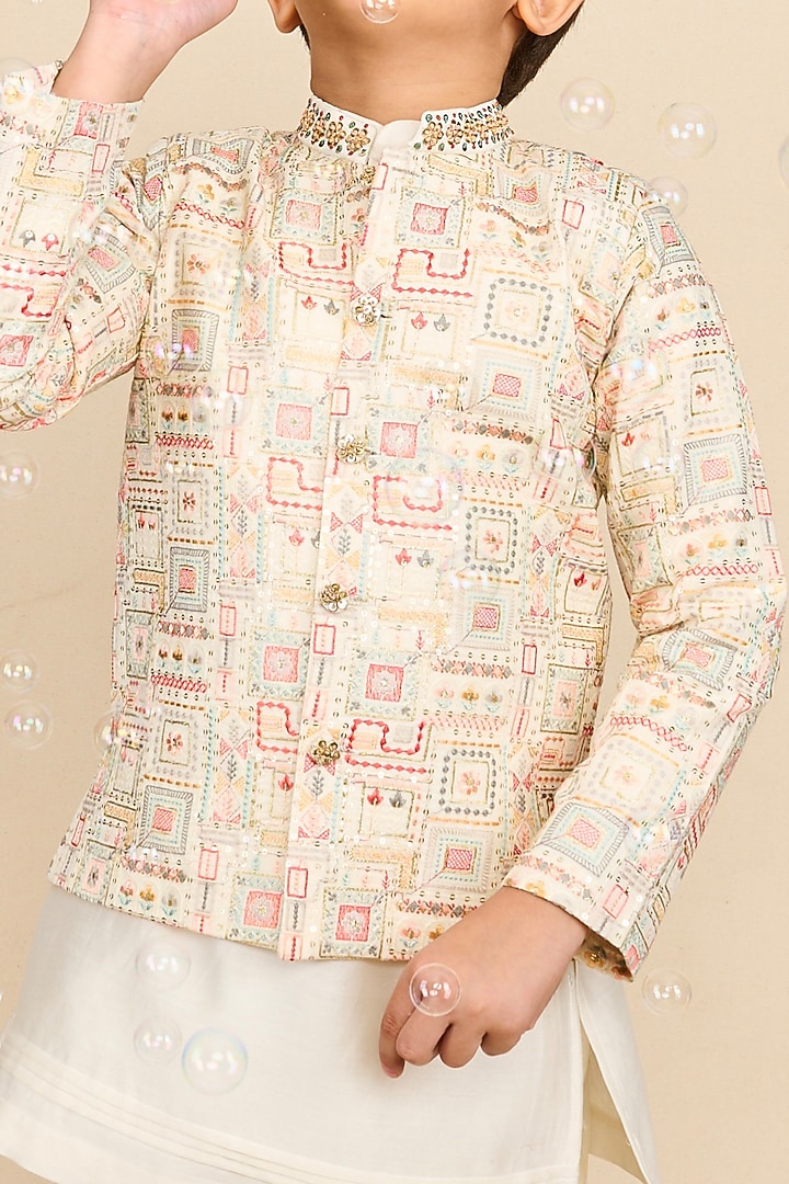 Faded White Mal Cotton Thread Embroidered Bandhgala Set For Boys by All Boy Couture at Pernia's Pop Up Shop
