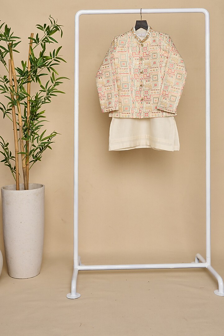 Faded White Mal Cotton Thread Embroidered Bandhgala Set For Boys by All Boy Couture at Pernia's Pop Up Shop