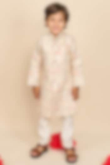 Faded White Mal Cotton Thread Embroidered Achkan Jacket Set For Boys by All Boy Couture