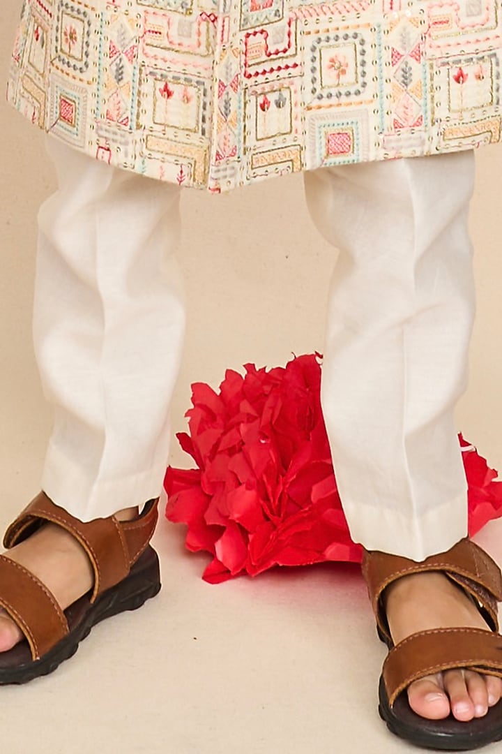 Faded White Mal Cotton Thread Embroidered Achkan Jacket Set For Boys by All Boy Couture at Pernia's Pop Up Shop