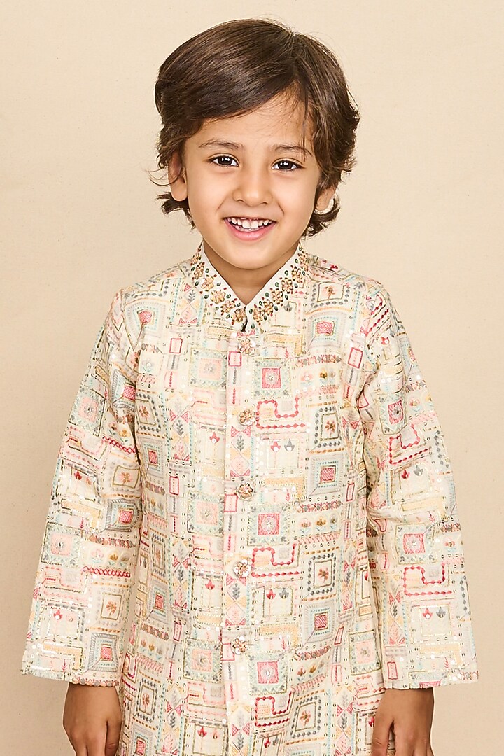 Faded White Mal Cotton Thread Embroidered Achkan Jacket Set For Boys by All Boy Couture at Pernia's Pop Up Shop