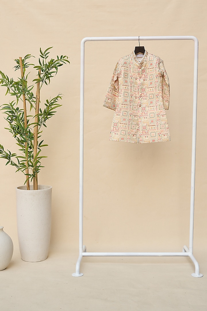 Faded White Mal Cotton Thread Embroidered Achkan Jacket Set For Boys by All Boy Couture at Pernia's Pop Up Shop