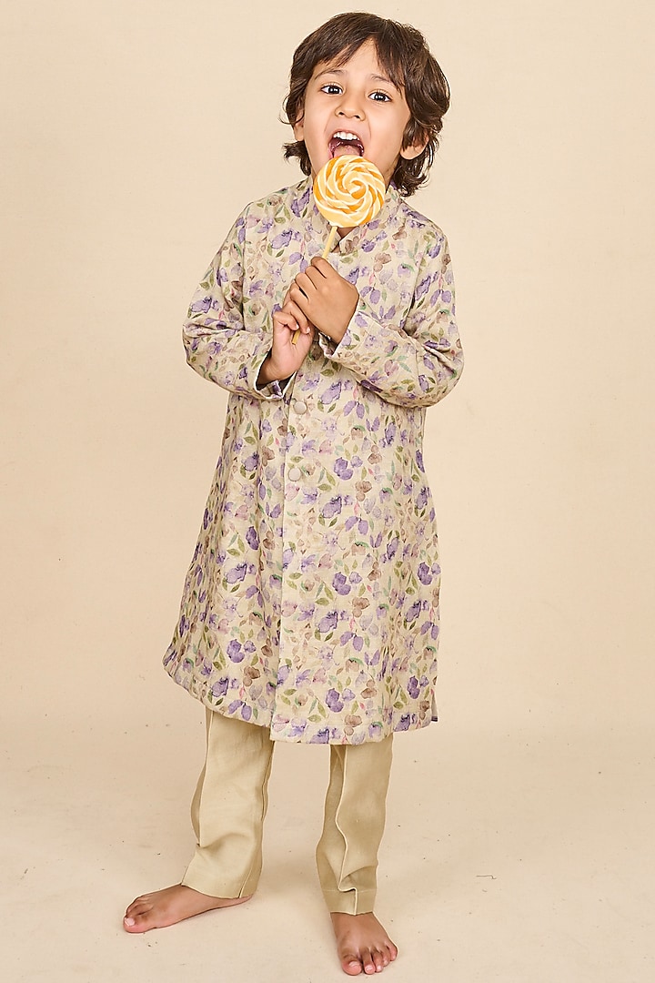 Lavender Linen Printed Kurta Set For Boys by All Boy Couture