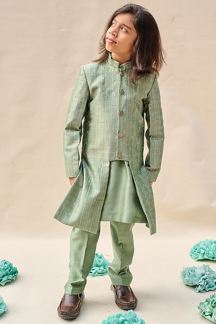 Sage Green Moonga Silk Zari Embroidered Achkan Jacket Set For Boys by All Boy Couture