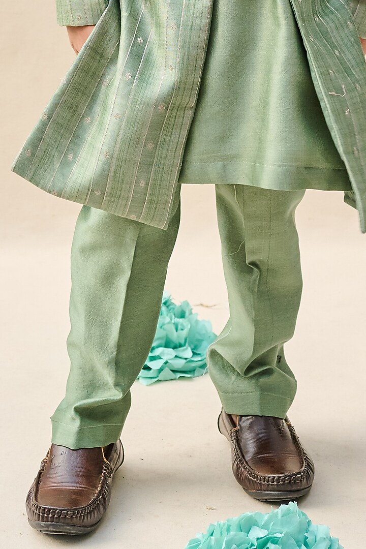 Sage Green Moonga Silk Zari Embroidered Achkan Jacket Set For Boys by All Boy Couture at Pernia's Pop Up Shop