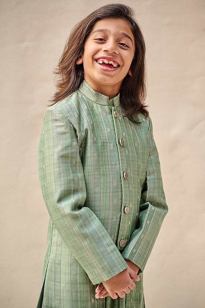 Sage Green Moonga Silk Zari Embroidered Achkan Jacket Set For Boys by All Boy Couture at Pernia's Pop Up Shop