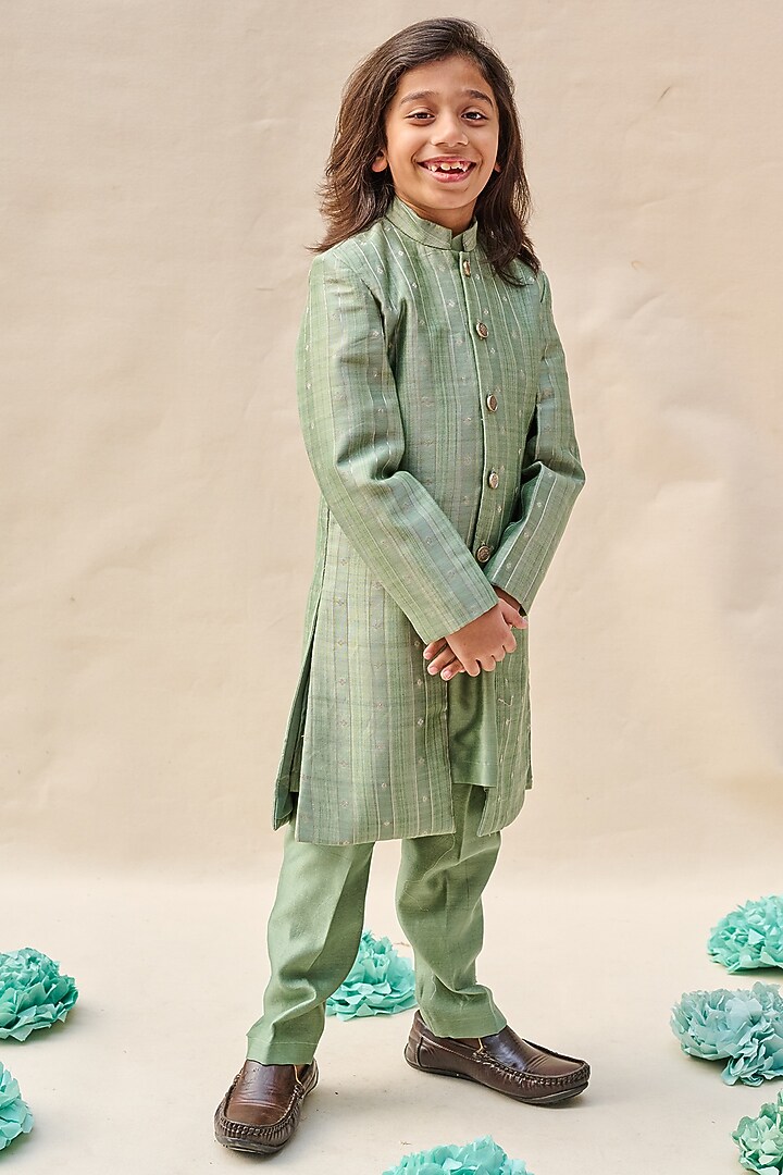 Sage Green Moonga Silk Zari Embroidered Achkan Jacket Set For Boys by All Boy Couture at Pernia's Pop Up Shop