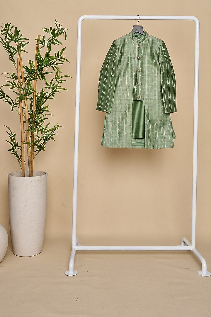 Sage Green Moonga Silk Zari Embroidered Achkan Jacket Set For Boys by All Boy Couture at Pernia's Pop Up Shop