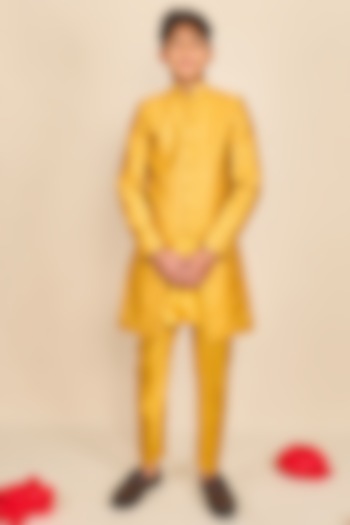 Honey Yellow Moonga Silk Zari Embroidered Achkan Jacket Set For Boys by All Boy Couture