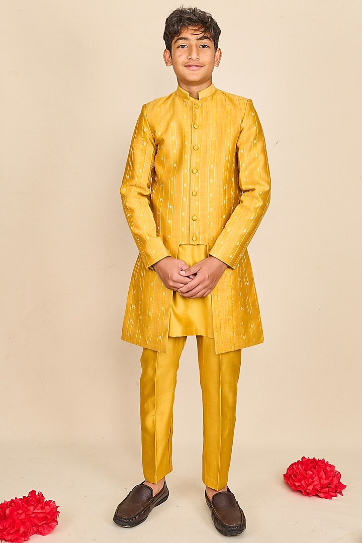 Honey Yellow Moonga Silk Zari Embroidered Achkan Jacket Set For Boys by All Boy Couture