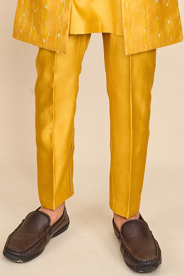 Honey Yellow Moonga Silk Zari Embroidered Achkan Jacket Set For Boys by All Boy Couture at Pernia's Pop Up Shop