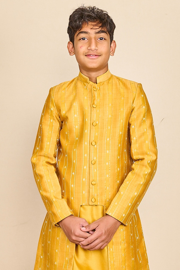 Honey Yellow Moonga Silk Zari Embroidered Achkan Jacket Set For Boys by All Boy Couture at Pernia's Pop Up Shop