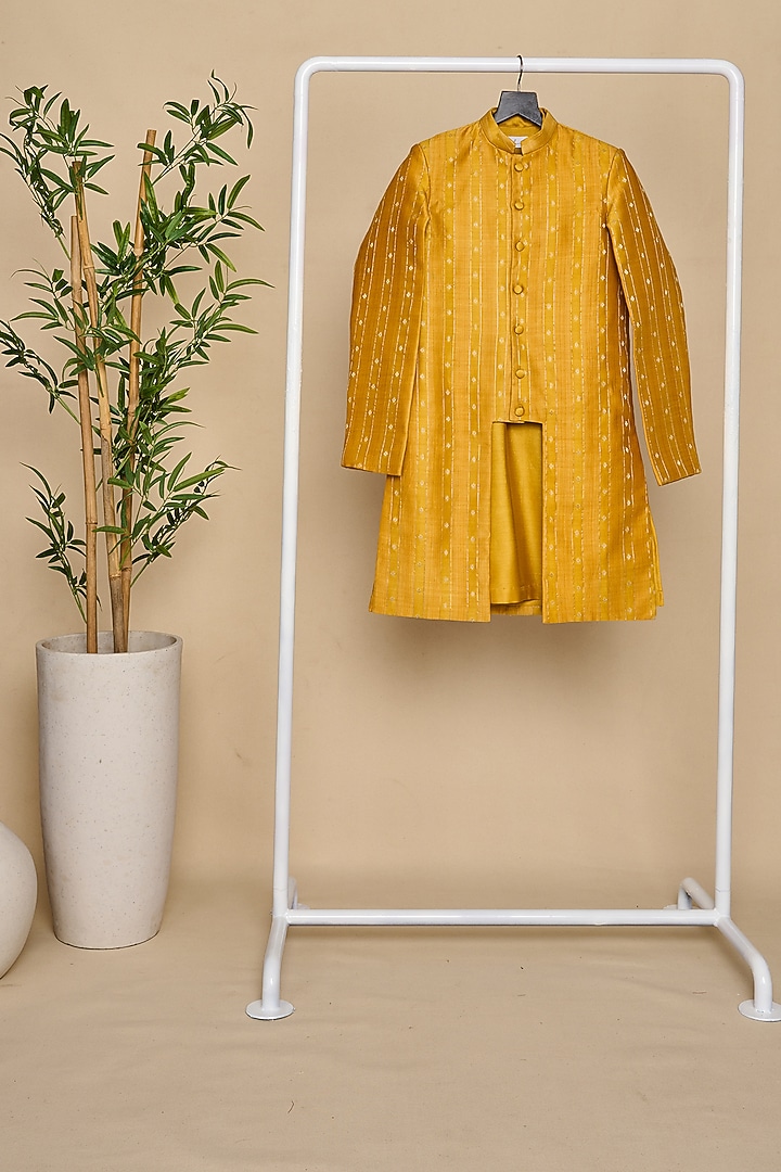 Honey Yellow Moonga Silk Zari Embroidered Achkan Jacket Set For Boys by All Boy Couture at Pernia's Pop Up Shop