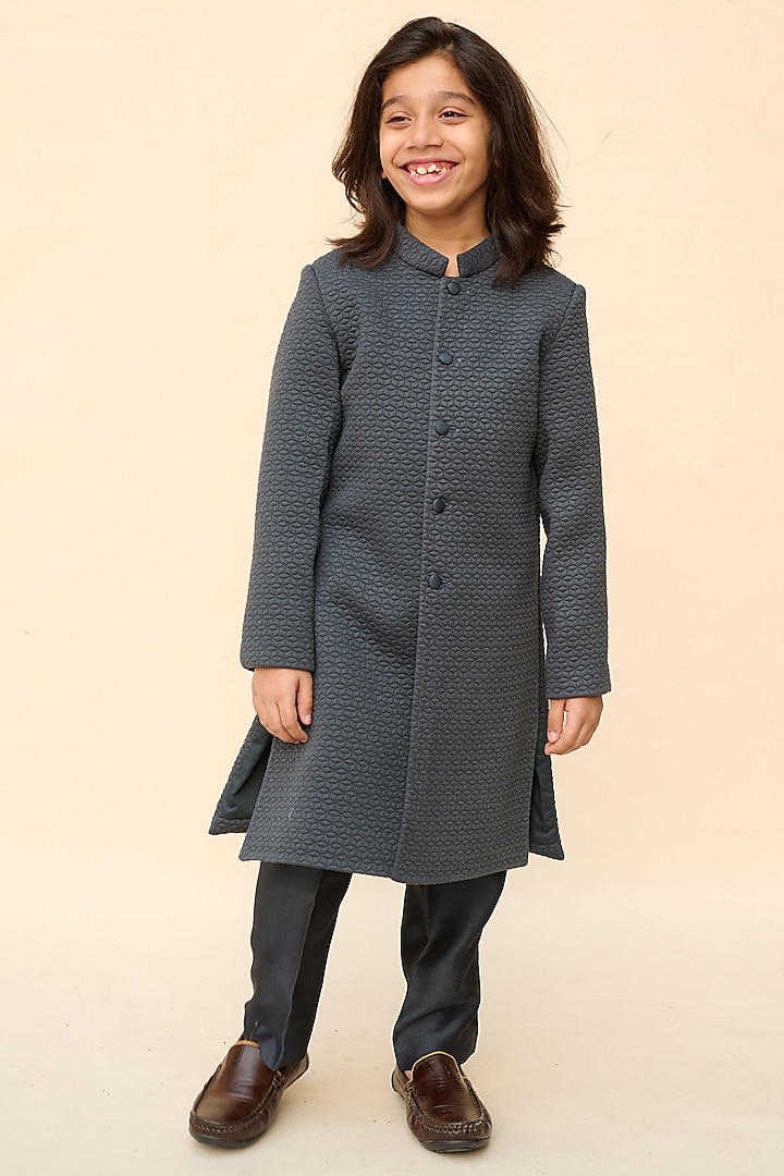 Navy Blue Quilted Achkan Jacket Set For Boys by All Boy Couture