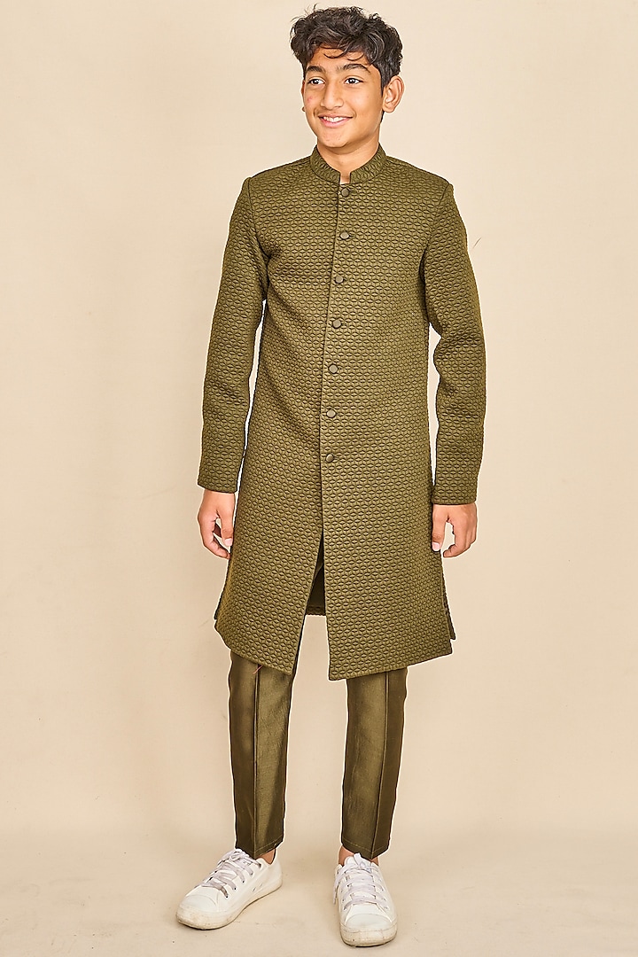 Seaweed Green Quilted Achkan Jacket Set For Boys by All Boy Couture